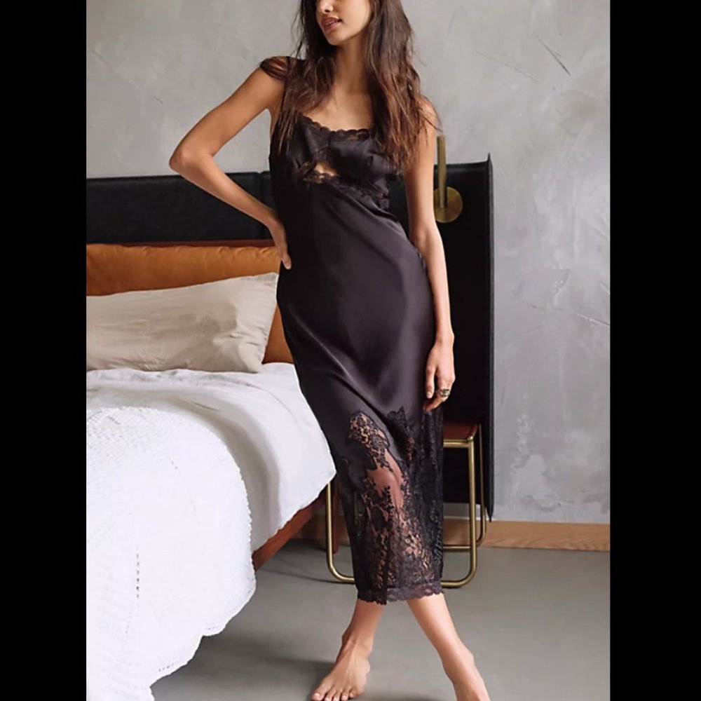 NWT Free People Night Out Mood Midi Satin Lace Slip Dress Black
